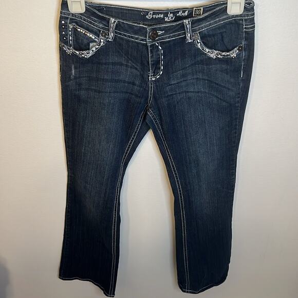 Grace in LA Womens Embellished Pocket Bling Flare Low Rise Jeans Size 30 (34) - Picture 1 of 12